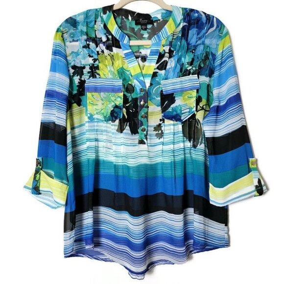Cocomo Tops - Cocomo Womens Blue Floral Striped Artsy 3/4 Sleeves Sheer Top Petite Large